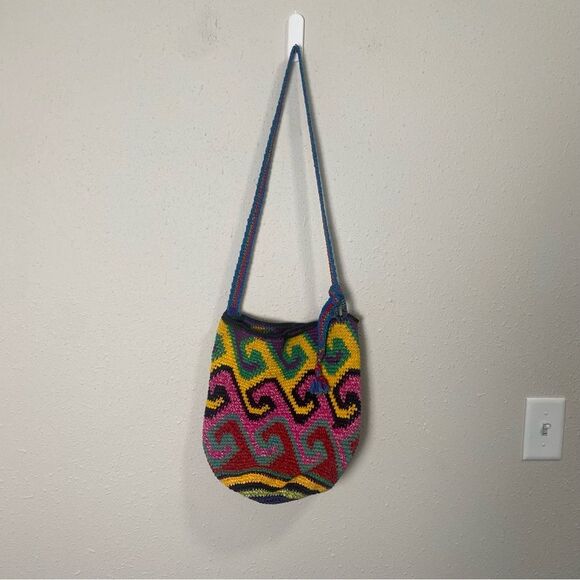 Women's Boho Artisanal Colorful Crochet/Knit Crossbody Bag W/ Drawstring Closure - Picture 6 of 15